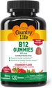 Country Life Vitaminas B12 Gummies - 850 mcg Cyanocobalamin, 120 Count - Vegan, Gluten- Free Gummy Priedas energijos apykaitos ir nervų sistemos parama - Natūralus braškių skonio, 2g Cukrus
