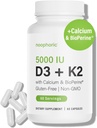 Noophoric D3 K2 Vitamin 5000 IU - Vitamin K2 100 mcg MK7, Calcium, BioPerine - Bone Health & Immune Support Supplement - Gluten-Free, Non-GMO - Vitamin D3 K2 Supplement (60 Servings)