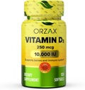 ORZAX Vitaminas D3 10000 iu (250 mcg) - Ne GMO, Gluten Free, Cukrus Nemokamas, Pienas Nemokamas - 120- Dienos tiekimas už stiprią raumenų funkciją & Imuninė parama - Nuotaikos priedas sveikatingumui (120 Softgel)