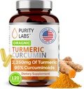 Grynumas Labs Organic Curcumin papildas su Piperine 2,250 MG / Tarnavimas ® 124; 95% Curcuminoids Turmeriniai papildai, Antioksidantas sąnarių skausmo malšinimo, Raumenų ir smegenų parama ® 124; Non- GMO - 120 kapsulės