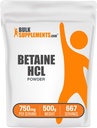 BulkSupplemen.com Betaine HCl Milteliai - Betaine Hydrochloride Addition, Digistive Support - Gluten Free, 750mg per Serving, 500g (1,1 lbs) (Pakuotėje yra 1)