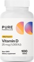 PureFormulės Vitaminas D3 1 000 TV 25 mikrogramai - "Premium" vitaminas D sveikam kaulų formavimuisi, tetai, širdies ir kraujagyslių sveikata ir imuninė parama ne GMO - 100 tablečių