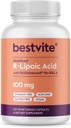 BESTVITE R- Lipoic Acid 100 mg, stabilizuota Bio- Enhanced ® Na- RLA (120 vegetariškų kapsulių) No Stearates - No Flow Agents - Vegan - Non- GMO - Gluten Free