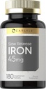 Carlyle Slow Release Iron 45 mg Ş124; 180 Tablets Bendrijoje 124; Ferrous Sulfate Mineralinis priedas ® 124; vyrams ir moterims ® 124; Vegetaras, ne GMO, ir Gluten Free Formulės