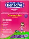 Benadryl vaikų alergija Medicina Chewables with Diphenhydamine HCl, Chewable Kids 'Antihistaminine Tablets for Relief of Alergency Symptoms Kaip čiaudulys & Niežančios akys, Vynuogių skonis, 20 ct