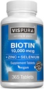 Biotinas 10000 mcg + Cinkas + Selenas, Grynas, Veganas & Ypač Stiprus, Geriausias papildas plaukų augimo, spindinčios odos, stiprios nagų *, 365 tabletės 12 Mėnesių, Natūralus be priedų
