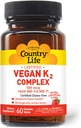 Country Life ® Vegan K2-500 mcg, 60 Ct. Braškių skonio - Sertifikuotas Gluten Free - Sertifikuotas Vegan AVA - remti kaulų sveikatą