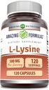 Nuostabios formulės L- Lysine 500 mg kapsulės Amino rūgšties papildas - 124; ne GMO - 124; Gluten Free 124; Pagaminta JAV (120 Count)