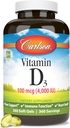 Carlson - Vitaminas D3, 4000 TV (100 µg), kaulų ir imuninė sveikata, Cholecalciferolio papildymas, Gluten Free Vitaminas D Capsules, 360 Softgels