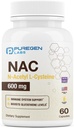 Puregen Labs N-acetil-L-cisteinas (NAC) 600 mg, Palaiko imuninę sistemą, kvėpavimo sistemą, kepenų sveikatą, NAC 600 mg, Stiprus antioksidantas, laisvi radikalai, lengvai absorbuojamas - 60 vegetarinių kapsulių