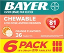 Bayer Aspirin Mažos dozės 81 mg kramtomosios tabletės Skausmas Nuovargis Oranžinės spalvos, 216 tablečių (6 pakuotės)