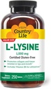 Country Life L- Lysine 1000mg su B- 6, Palaiko imuninę sveikatą, Skatina kolageno atsinaujinimą duobėse ir mouse, 250 - Count, Sertifikuotas Gluten Free, Sertifikuotas Veganas