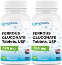 Puregen Labs Ferrous Gluconate 324 mg [High Postance] Geležies priedas, Švelnus ant skrandžio, 124; 2 pakuotė - 200 tablečių Iš viso