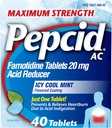 Pepcid AC Maksimalus stiprumas Heartburn Relief Tablets, OTC Medicina Apsaugo ir atpalaiduoja Heartburn Dėl rūgščių nevirškinimas & Sour Stomach, 20 mg Famotidine Acid Reducer, ICY Cool Mint, 40 ct
